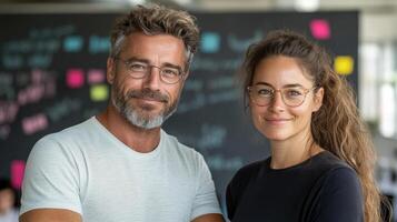 Professional couple smiling together in modern office setting with colorful notes in background photo