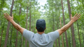Embracing nature, person stands with arms open wide in lush forest photo