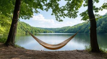 Serene hammock strung between trees beside peaceful lake, surrounded by lush greenery photo