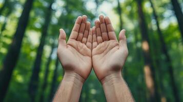Open hands reaching towards sky in serene forest setting, surrounded by tall trees photo