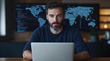 Digital world map laptop man technology data analysis modern workspace focused expression photo