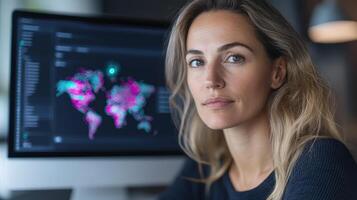 Interactive digital world map woman technology computer data visualization modern workspace photo