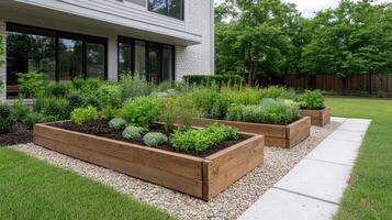 Lush home garden with raised beds, herbs, and greenery creating serene outdoor space photo