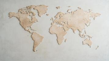 World map, continents, textured wall art, natural colors, decorative design photo
