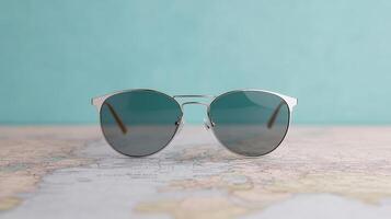 Stylish sunglasses on vintage map background, perfect for travel enthusiasts photo