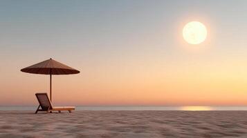Serene beach scene featuring lounge chair and umbrella under glowing moon at twilight photo