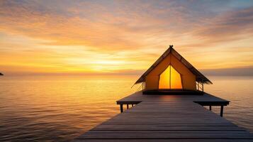 Serene tent silhouette against vibrant orange pink sky at sunset over calm water photo