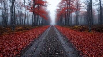 Vibrant red leaves cover misty forest trail, creating serene and enchanting atmosphere photo