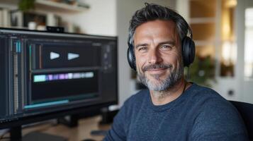Creative editor with headphones working late in warm lit environment, focused and engaged photo