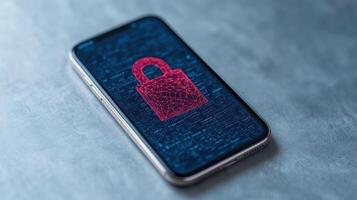 Secure mobile phone with digital lock symbol on screen, representing data protection and privacy photo