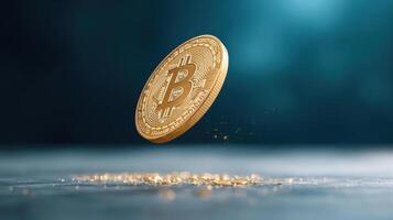 Virtual coin spins gracefully cyberspace, showcasing its intricate design and shimmering details photo