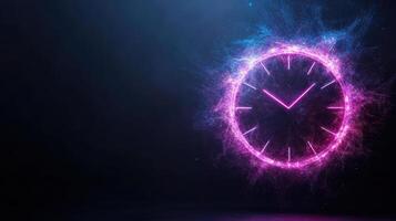 Vibrant clock design with glowing pink and blue particles symbolizes time and creativity photo