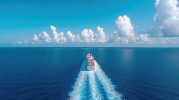 Cruise ship sailing through calm blue waters bright sky with fluffy clouds creates serene photo