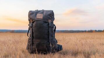 Weathered backpack in field during sunset, surrounded by tall grass and serene landscape photo