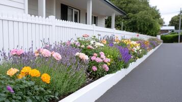 Colorful flowers and lavender bloom along white picket fence, creating vibrant garden scene photo