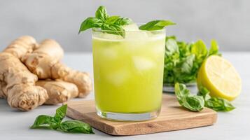 Refreshing basil lemonade drink with ginger and fresh herbs photo