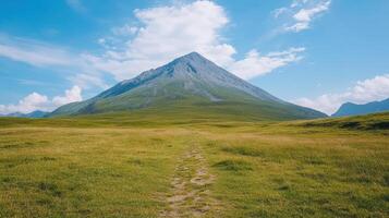 Majestic mountain peak rises above lush green grassland under bright blue sky photo