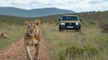 Lioness walks along dirt path near safari vehicle scenic landscape. scene captures beauty photo