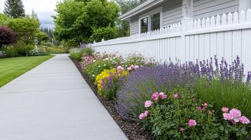 Beautiful flowers and lavender line white picket fence along garden path photo
