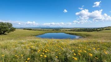 Lush wildflowers bloom near tranquil pond, surrounded by rolling hills and clear blue sky photo