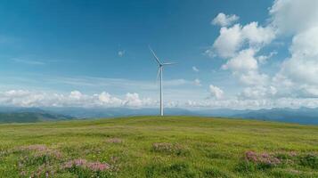 Wind turbine on a hill with flowers and mountains photo
