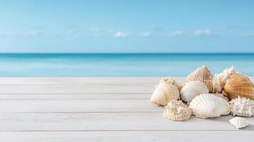 Seashells arranged on wooden surface with serene ocean backdrop, evoking tranquility and nature photo