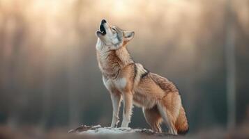 Howling wolf in serene landscape, showcasing its majestic presence and wild spirit photo