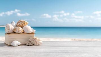 Seashells stacked on book against serene beach backdrop, evoking sense of tranquility and nature photo