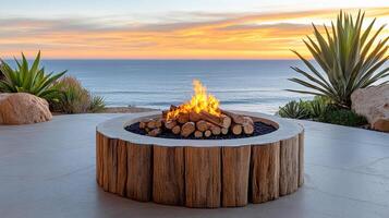 Cozy fire pit made of wooden logs sits by ocean, surrounded by plants, creating serene photo