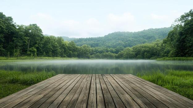 sereno de madera muelle extiende dentro calma agua, rodeado por lozano verdor y brumoso montañas foto