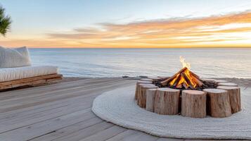 Cozy fire pit surrounded by wooden logs, overlooking serene ocean sunset photo
