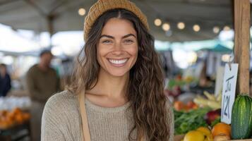 Smiling young woman at vibrant market, wearing cozy sweater and hat, enjoying fresh produce photo
