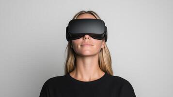 Immersive virtual reality headset worn by woman, showcasing modern technology and innovation photo