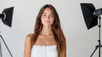 Bright model portrait with studio lighting, showcasing natural beauty and confidence photo