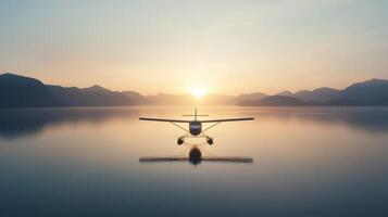 Seaplane gliding over calm waters at sunset, surrounded by mountains, creates serene atmosphere photo