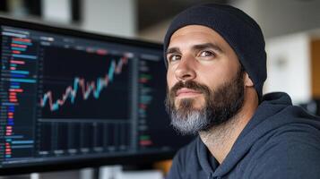 Business analyst focused on finance software, analyzing data trends with determination photo