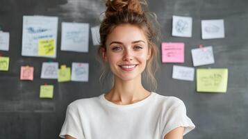 Smiling woman with creative background of sticky notes photo