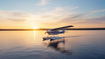 Seaplane glides gracefully over calm waters at sunset, creating serene atmosphere photo