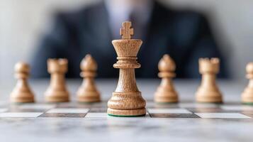 A man in a suit is standing in front of a chess board photo