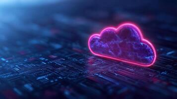 Glowing cloud symbol representing digital storage technology, surrounded by circuit board design photo