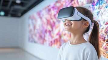 Young girl wearing virtual reality goggles smiles joyfully in art gallery photo