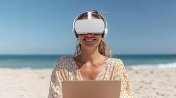 A woman wearing virtual reality glasses on the beach photo