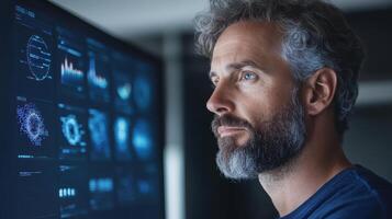 Digital interface finance leader data analysis technology serious expression modern workspace photo