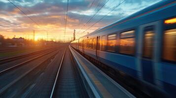 Dusklit train speeding along tracks with vibrant sunset colors in background photo