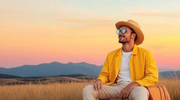 A man in a yellow jacket and hat sits on a suitcase photo