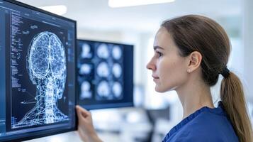 A woman in a blue uniform is looking at a computer screen with an image of a brain photo