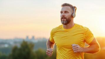 A man is running in the morning with headphones on photo