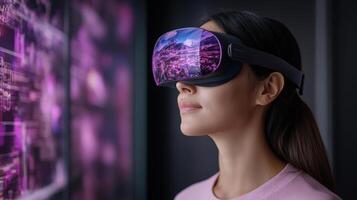 Woman wearing virtual reality glasses looking at a screen photo