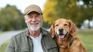 An older man with a dog in a park photo