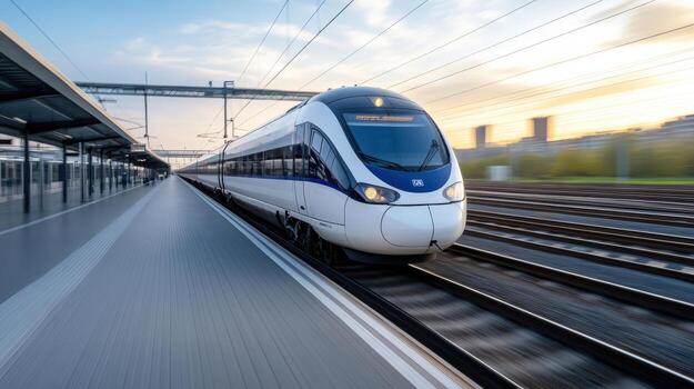 A high speed train is moving down the tracks photo